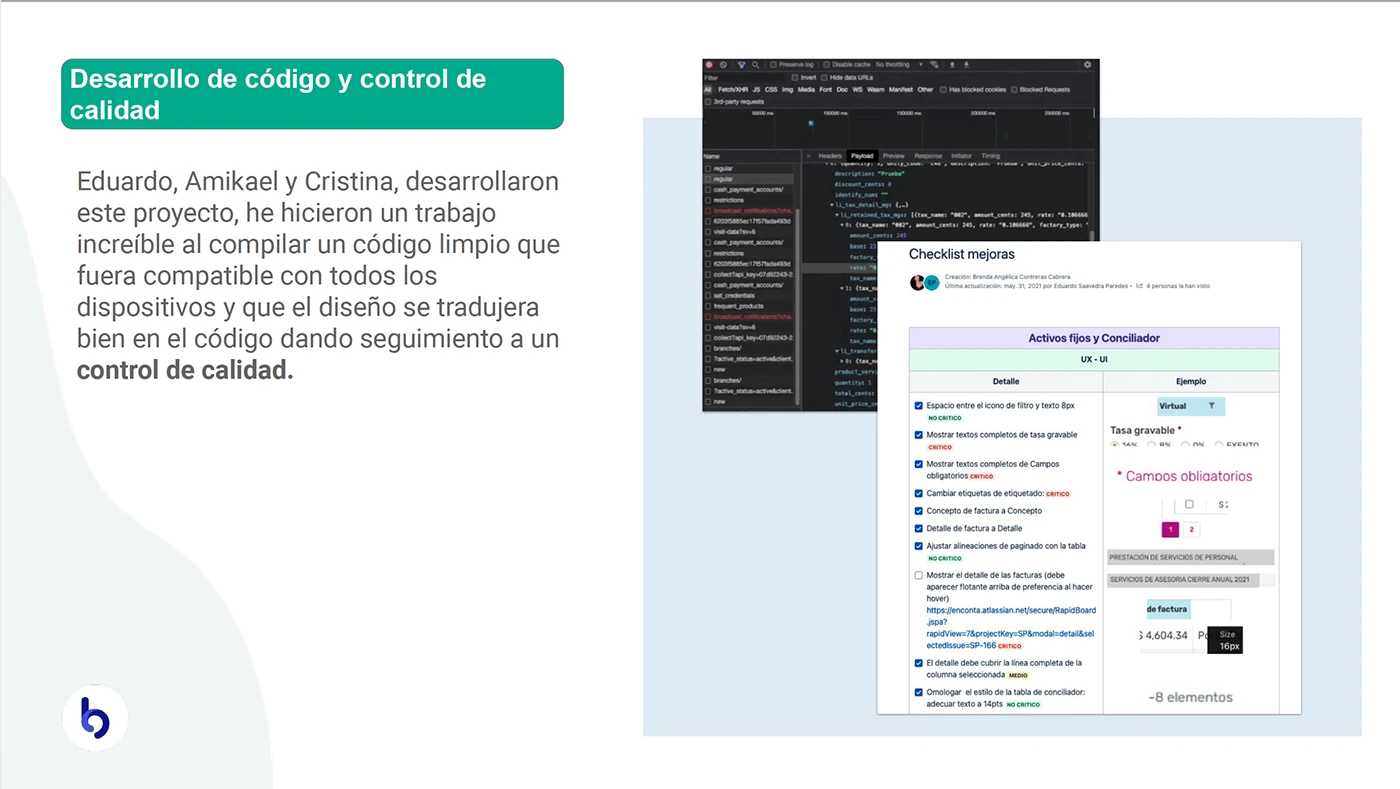 Captura de código fuente en herramientas de desarrollador y un documento de 'Checklist mejoras' con correcciones de diseño y su nivel de criticidad.
