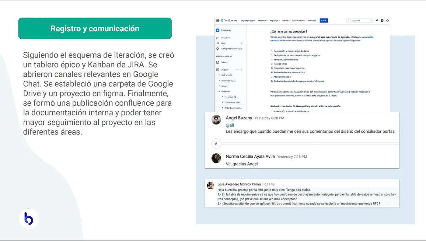 Capturas de pantalla de documentación en Confluence y mensajes de chat entre los miembros del equipo sobre el feedback del diseño.
