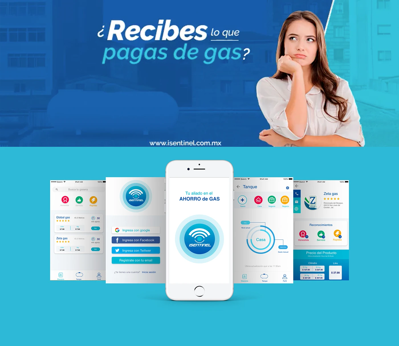 Lámina de portada que muestra a una mujer con expresión de duda y una composición de cinco pantallas de la interfaz móvil de la aplicación iSentinel sobre un fondo azul.
