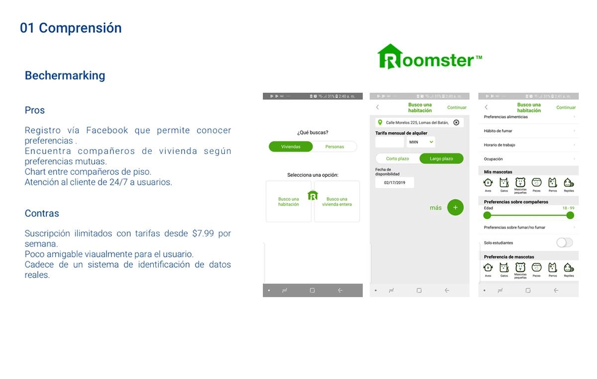 Análisis de puntos positivos y negativos acompañado de tres capturas de pantalla de la interfaz móvil de la aplicación Roomster.