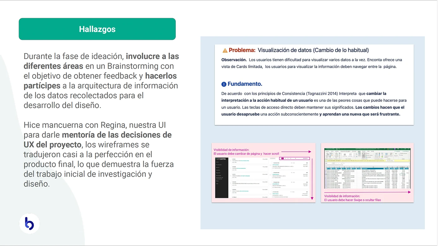 Presenta un análisis de usabilidad con capturas de la interfaz original y una comparación con una hoja de cálculo para ilustrar problemas de visualización.