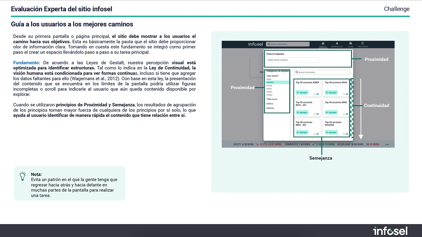 Una lámina que analiza la interfaz de creación de espacios usando leyes de Gestalt, con una captura de pantalla anotada con flechas que señalan proximidad, continuidad y semejanza.