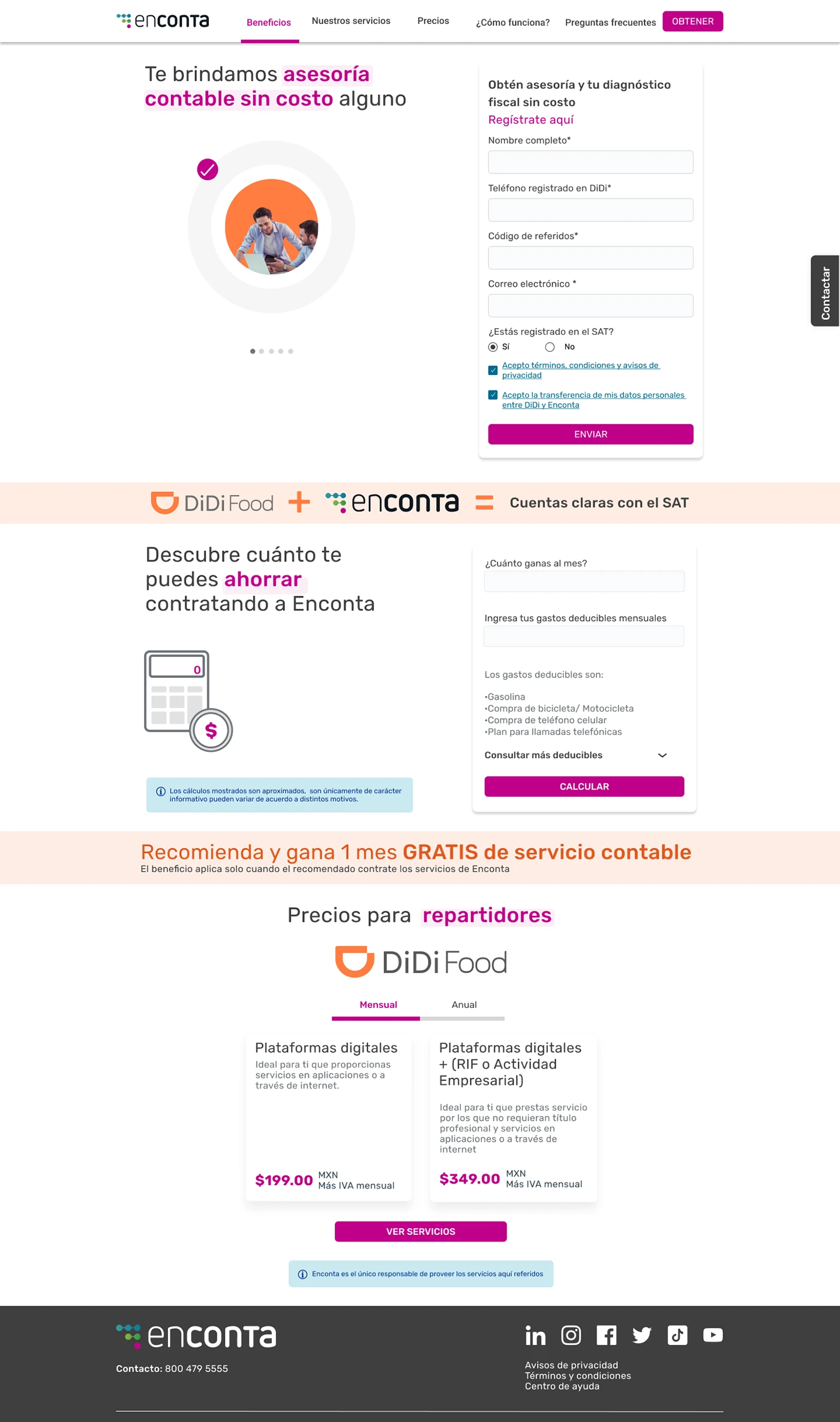 Captura de pantalla completa de una landing page que incluye un formulario de registro, una calculadora de ahorro y una sección de planes de precios para repartidores.