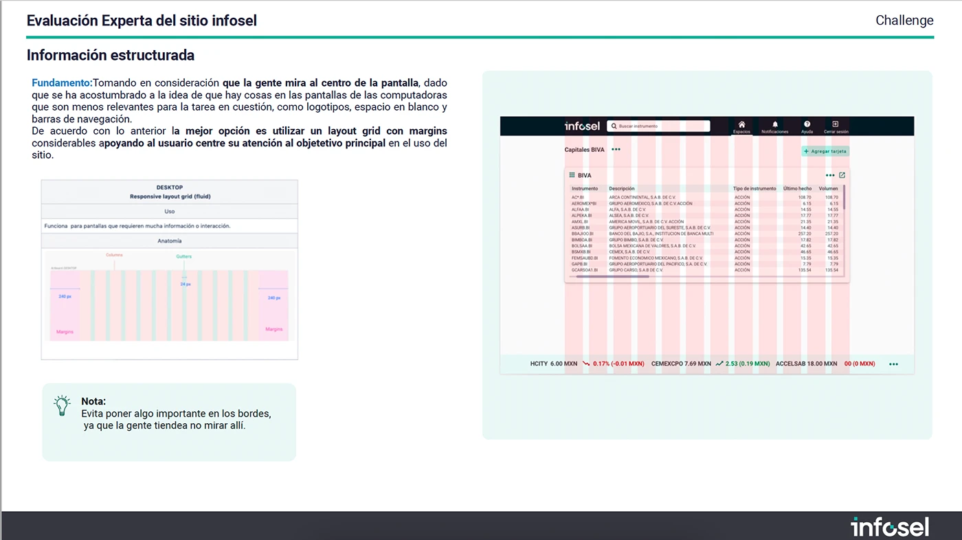 La lámina muestra un diagrama técnico de una retícula (grid) y una captura de pantalla de la interfaz con una máscara de columnas rosadas para ilustrar el sistema de rejilla.