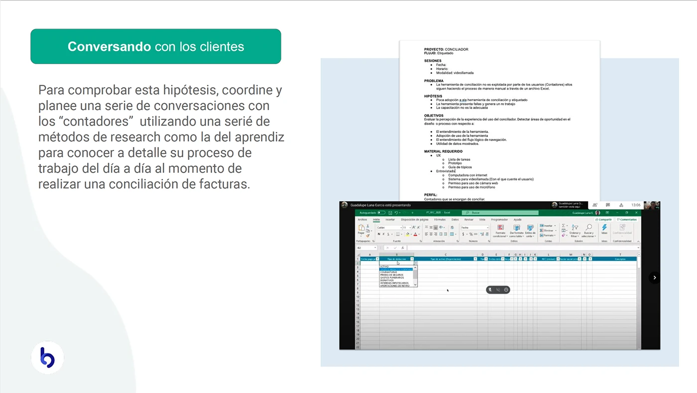 Muestra un documento de guía de entrevista y una captura de pantalla de una sesión de prueba remota donde un usuario comparte su pantalla de Excel.
