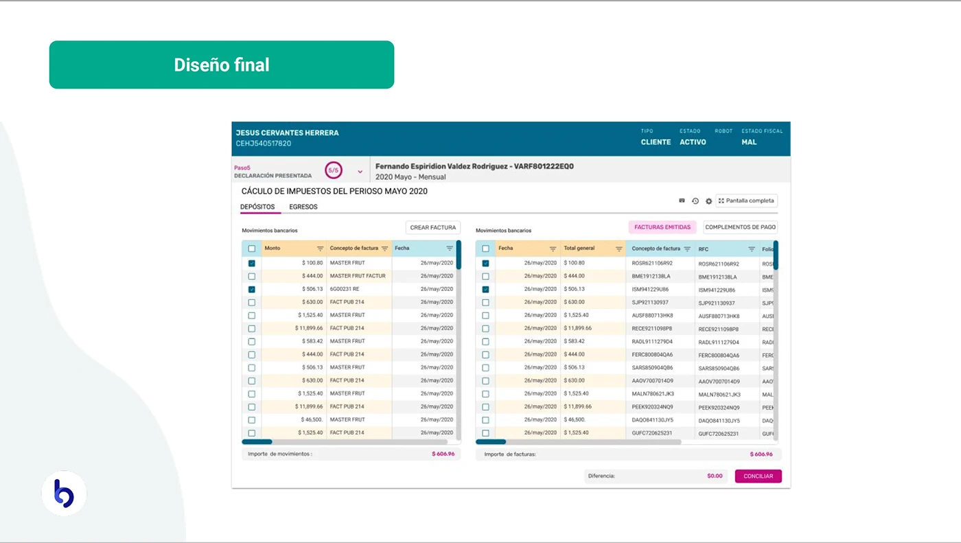 Captura de pantalla de la interfaz final del software de conciliación, mostrando tablas comparativas de movimientos bancarios y facturas.