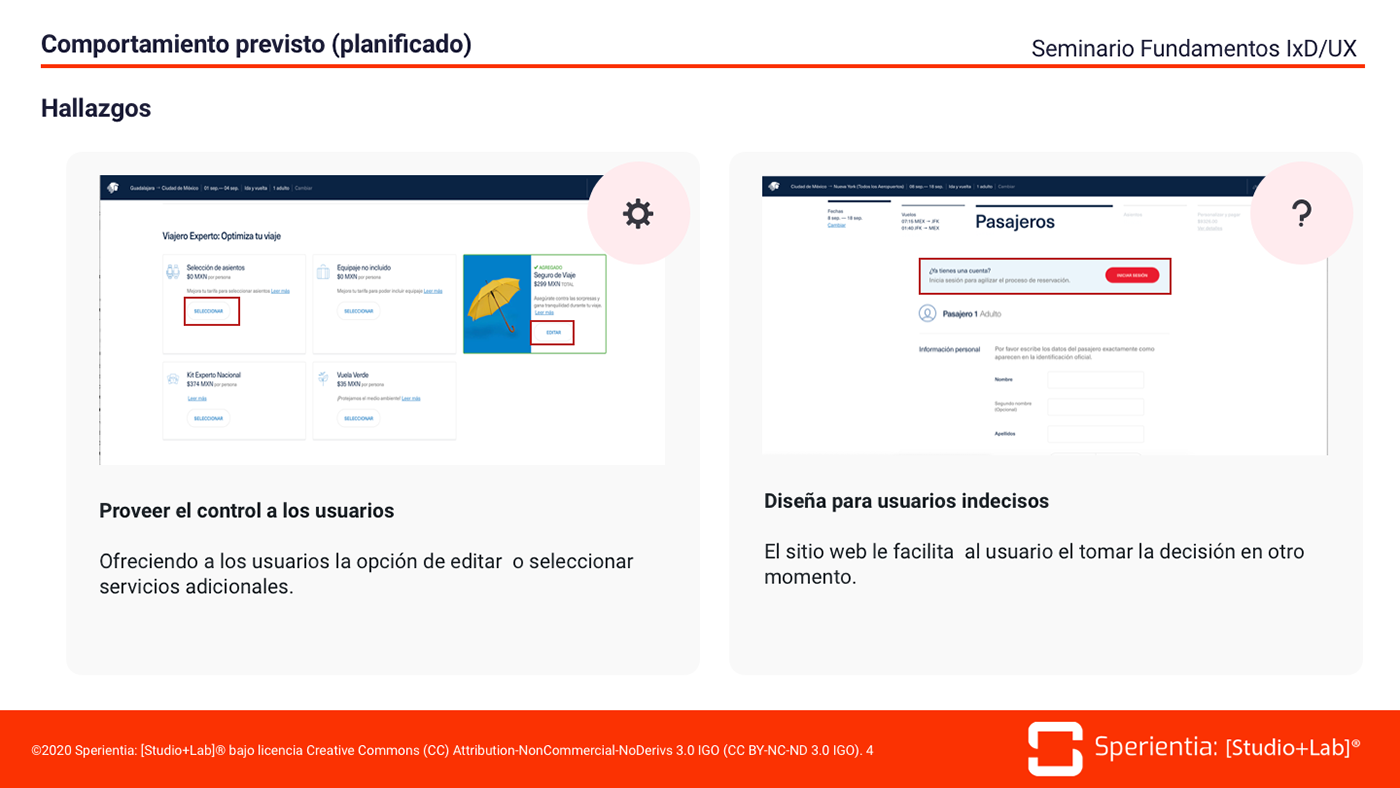 La lámina presenta dos capturas de pantalla de un flujo de reserva de vuelos con anotaciones que resaltan buenas prácticas de UX sobre el control del usuario y la toma de decisione