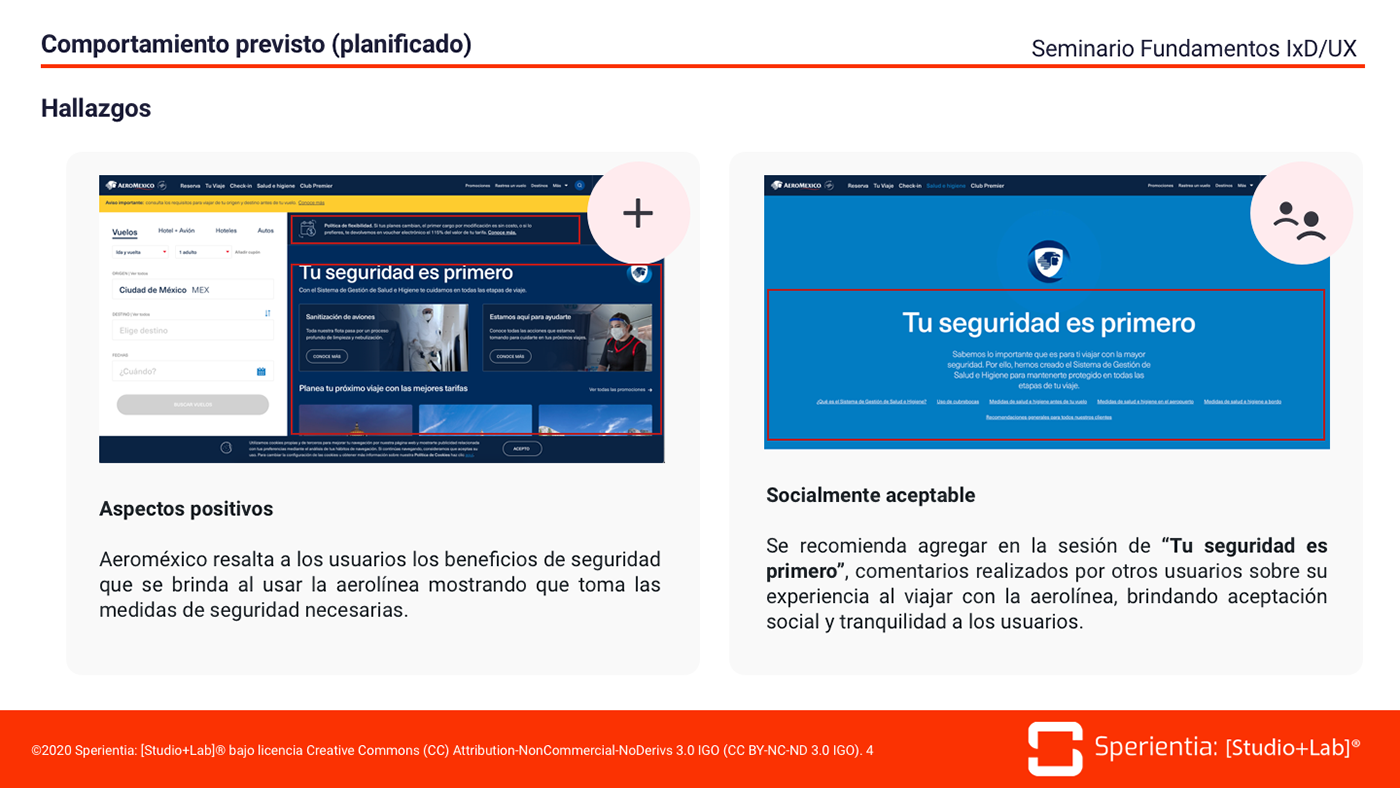 Capturas de pantalla del sitio web de Aeroméxico (Home y sección de seguridad) con anotaciones y recuadros rojos señalando elementos específicos.