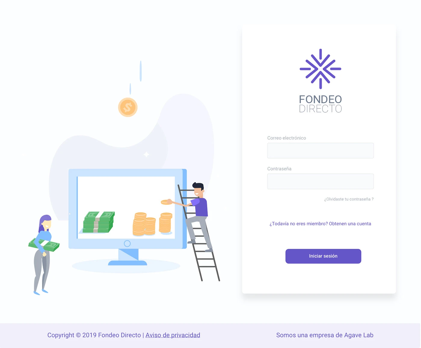 Interfaz de una pantalla de inicio de sesión (Login) de escritorio que incluye un formulario a la derecha y una ilustración flat design de personas manejando dinero sobre un monito
