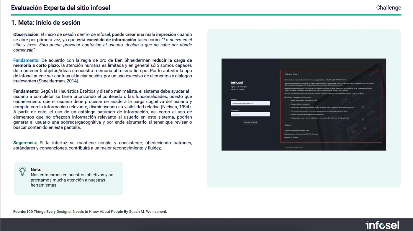 Lámina de análisis que incluye una captura de pantalla de la interfaz de login de Infosel, señalando un exceso de información en un recuadro de 'What's New?'.