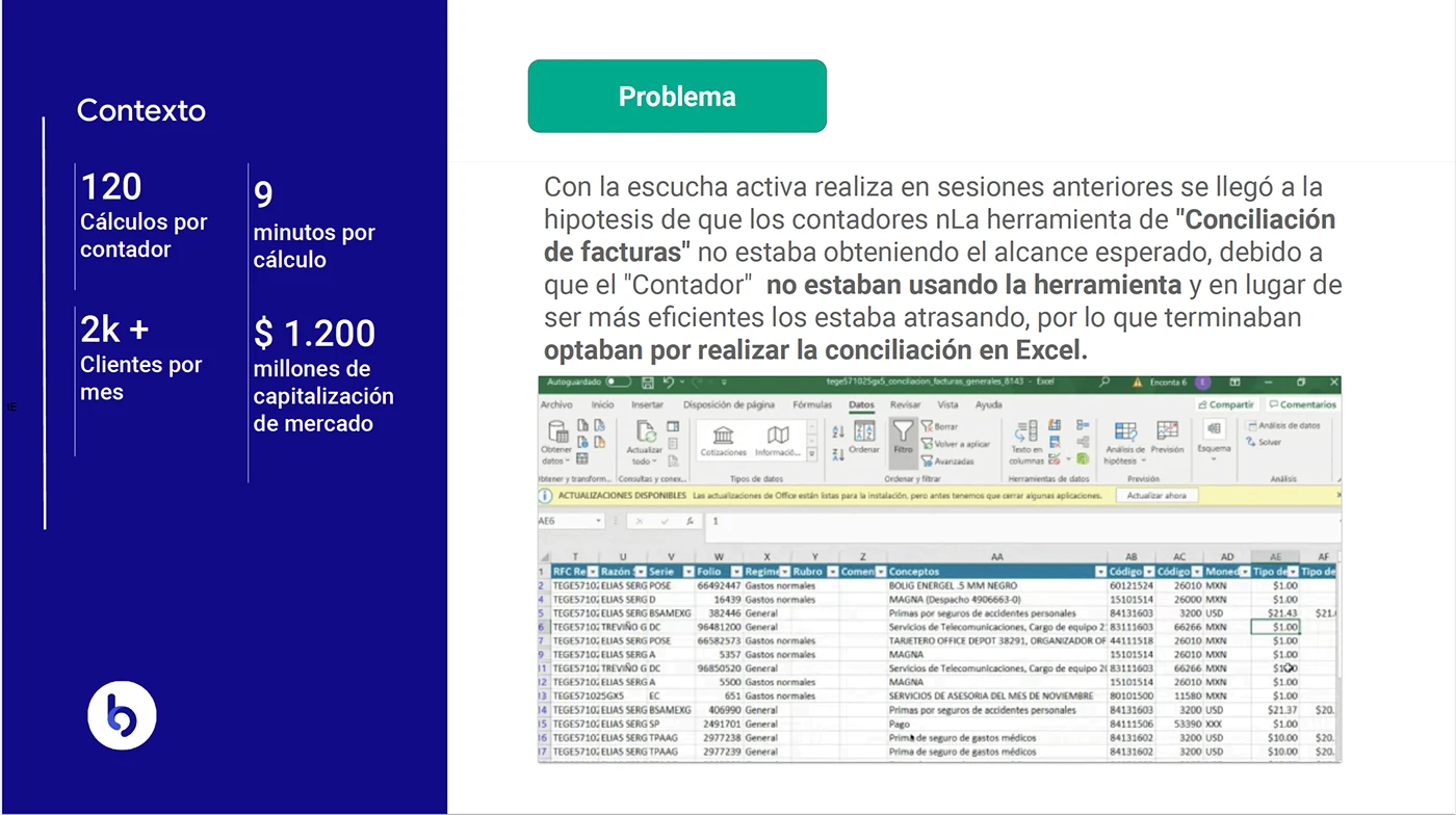 Presenta métricas clave de negocio y una captura de pantalla real de una hoja de cálculo de Excel con datos financieros.